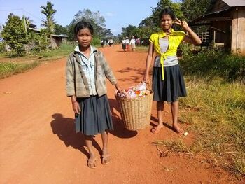 Local girls holding a basket of goods on a village road